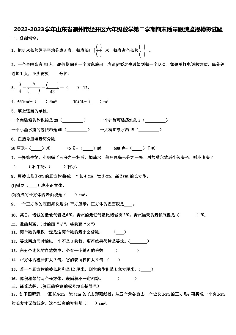 2022-2023学年山东省德州市经开区六年级数学第二学期期末质量跟踪监视模拟试题含解析第1页