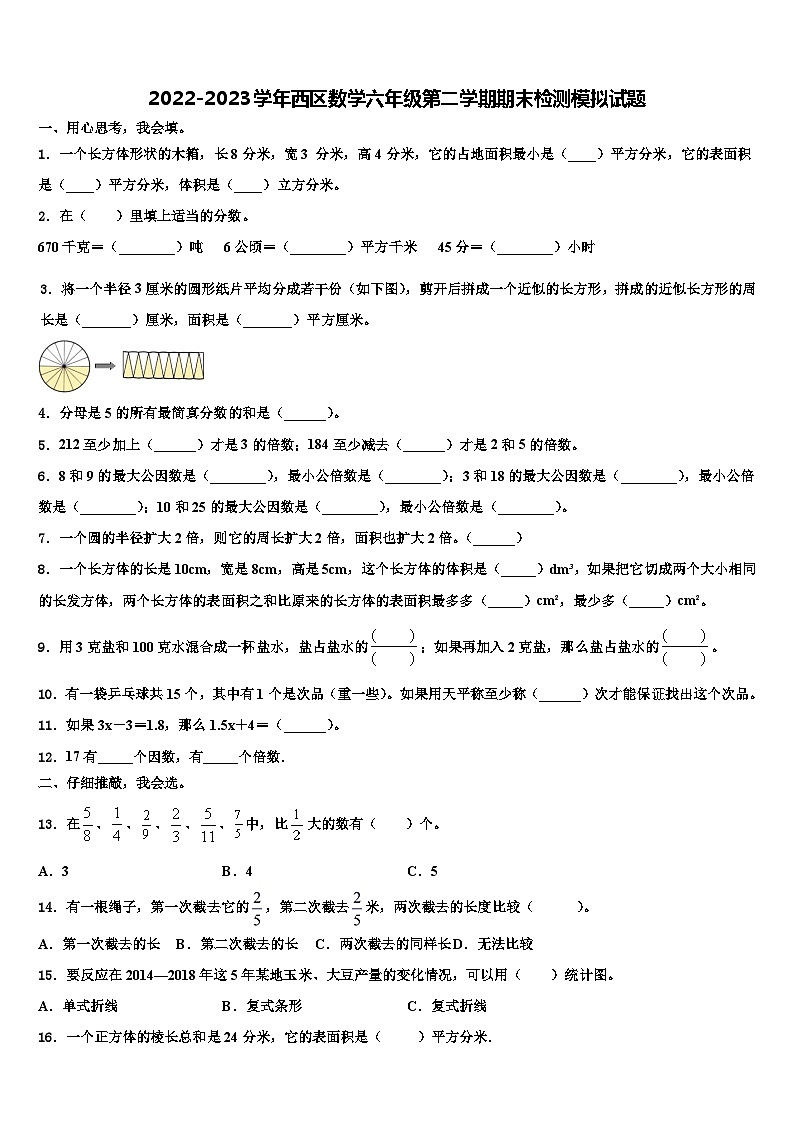 2022-2023学年西区数学六年级第二学期期末检测模拟试题含解析01