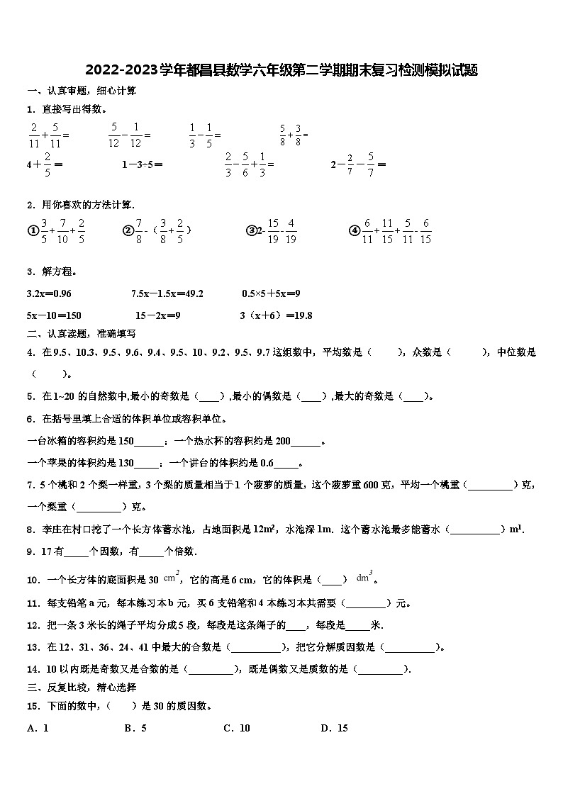 2022-2023学年都昌县数学六年级第二学期期末复习检测模拟试题含解析01