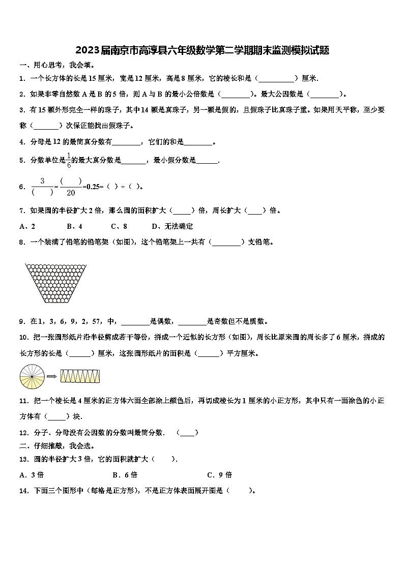 2023届南京市高淳县六年级数学第二学期期末监测模拟试题含解析第1页