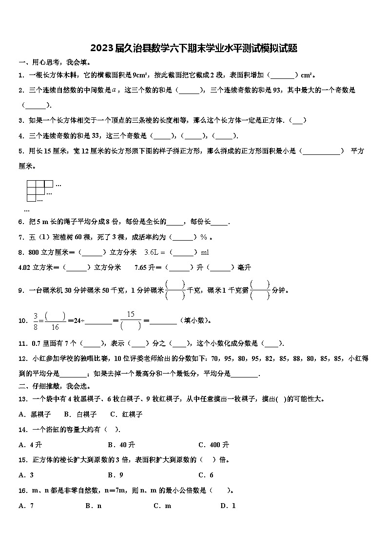 2023届久治县数学六下期末学业水平测试模拟试题含解析第1页