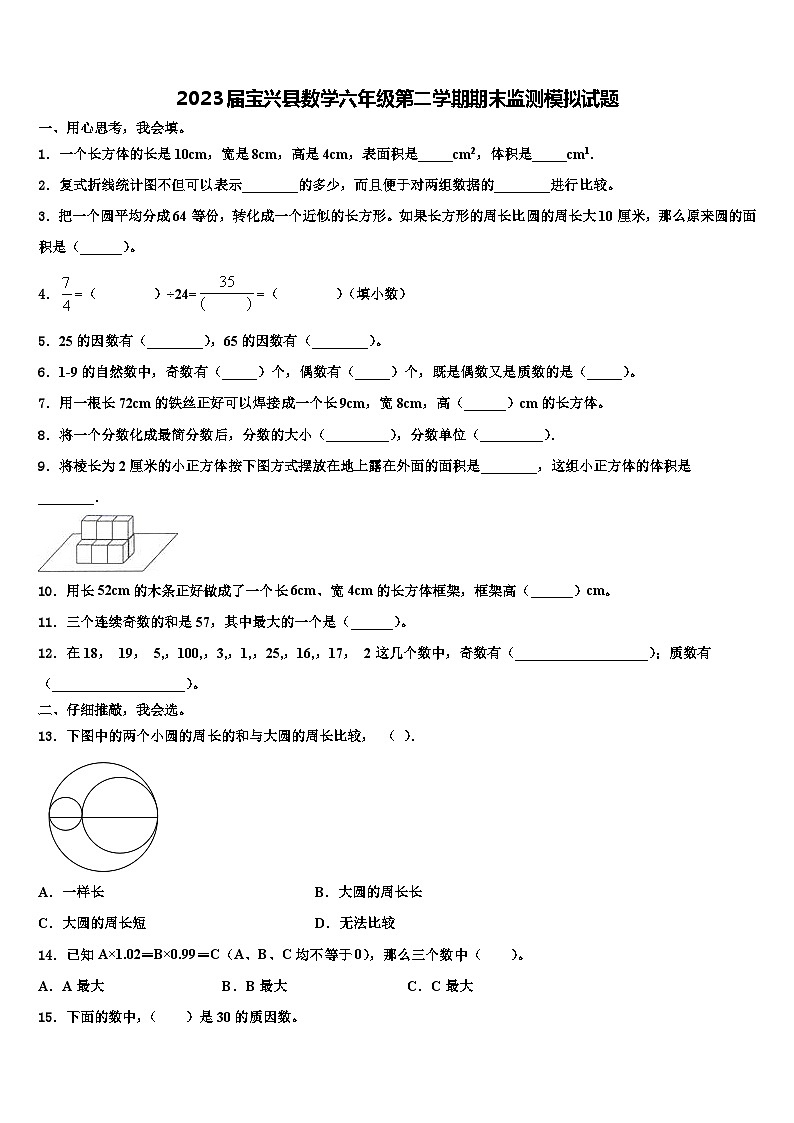 2023届宝兴县数学六年级第二学期期末监测模拟试题含解析第1页