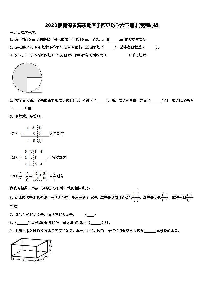 2023届青海省海东地区乐都县数学六下期末预测试题含解析01