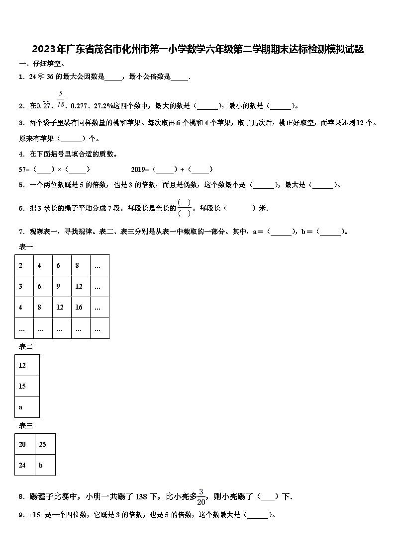 2023年广东省茂名市化州市第一小学数学六年级第二学期期末达标检测模拟试题含解析第1页