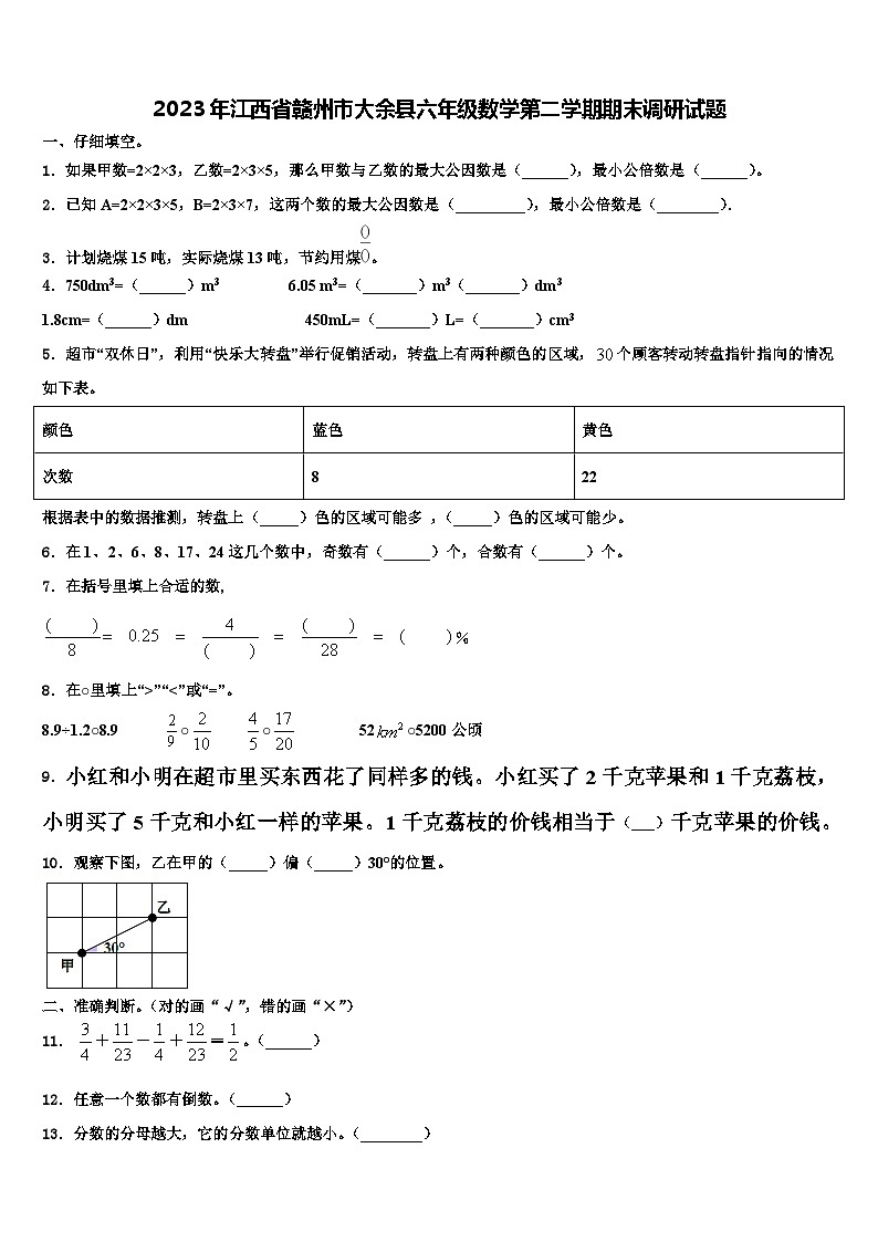2023年江西省赣州市大余县六年级数学第二学期期末调研试题含解析第1页