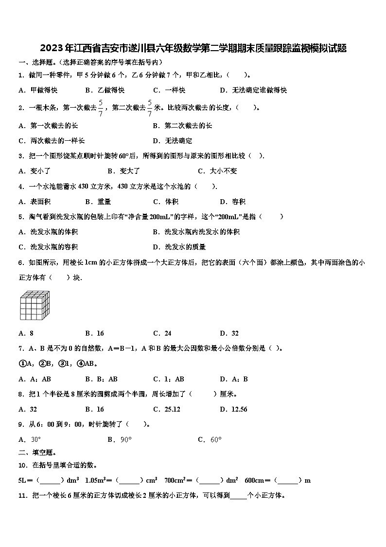 2023年江西省吉安市遂川县六年级数学第二学期期末质量跟踪监视模拟试题含解析01