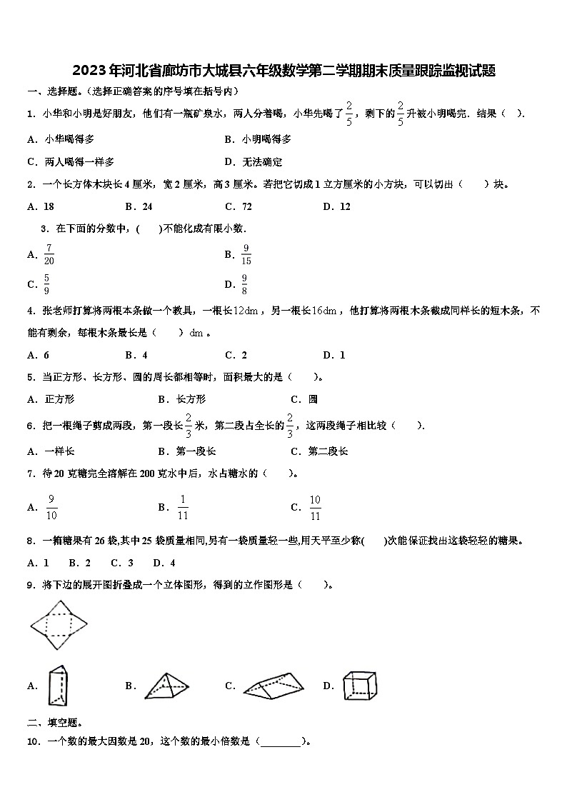 2023年河北省廊坊市大城县六年级数学第二学期期末质量跟踪监视试题含解析第1页