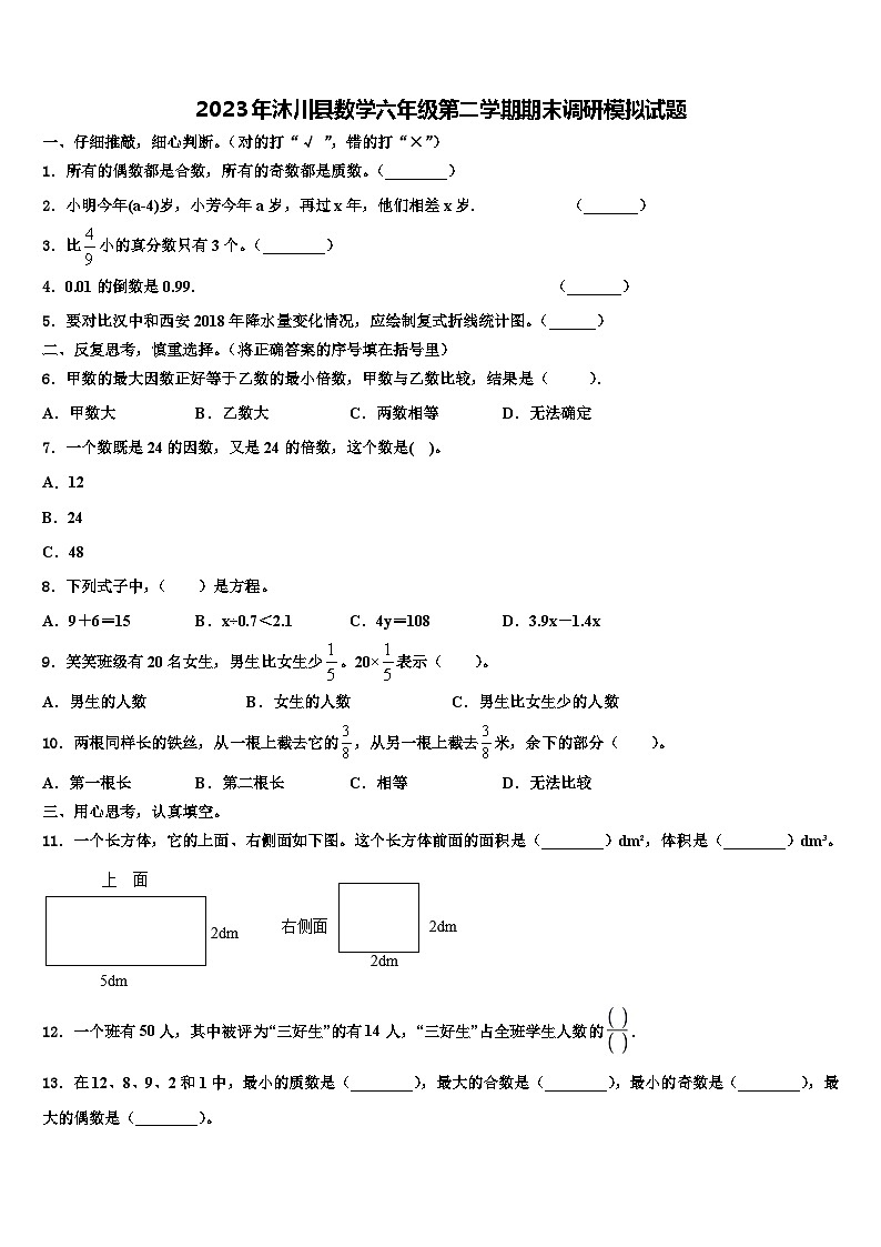 2023年沐川县数学六年级第二学期期末调研模拟试题含解析第1页