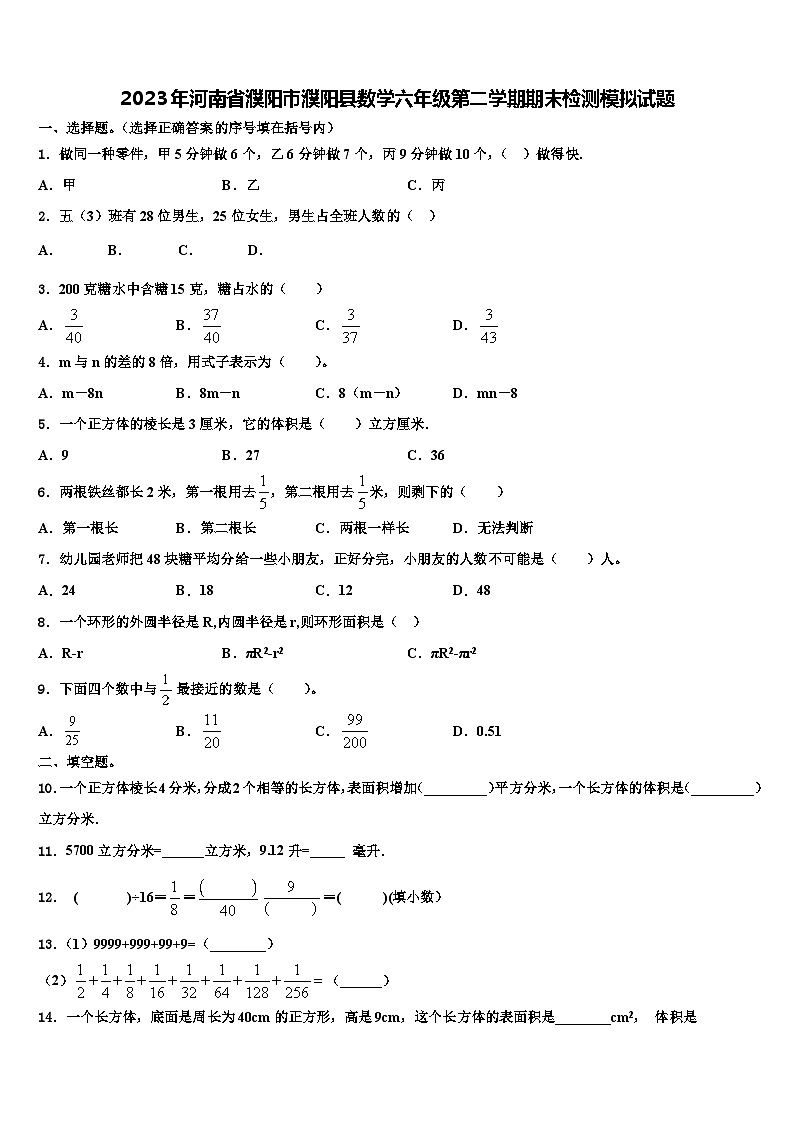 2023年河南省濮阳市濮阳县数学六年级第二学期期末检测模拟试题含解析第1页