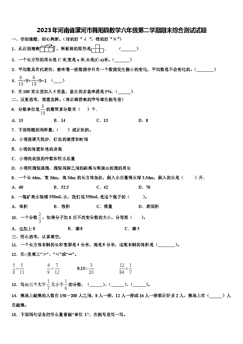 2023年河南省漯河市舞阳县数学六年级第二学期期末综合测试试题含解析第1页