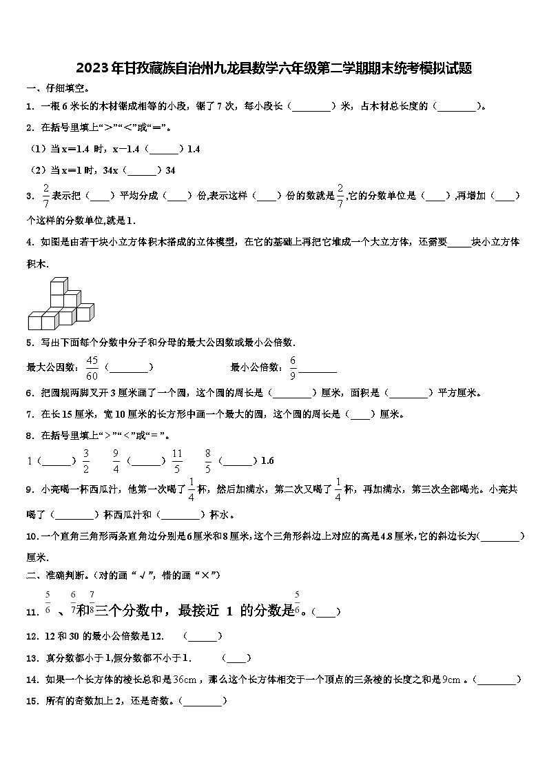 2023年甘孜藏族自治州九龙县数学六年级第二学期期末统考模拟试题含解析第1页