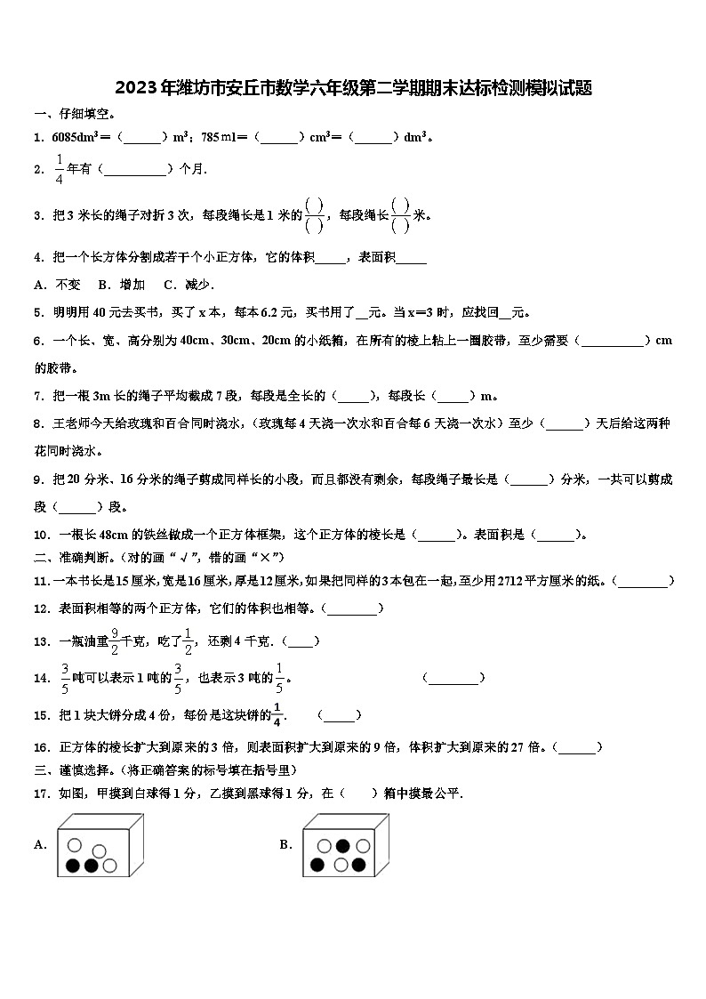 2023年潍坊市安丘市数学六年级第二学期期末达标检测模拟试题含解析01
