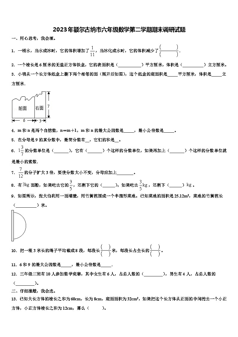 2023年额尔古纳市六年级数学第二学期期末调研试题含解析第1页