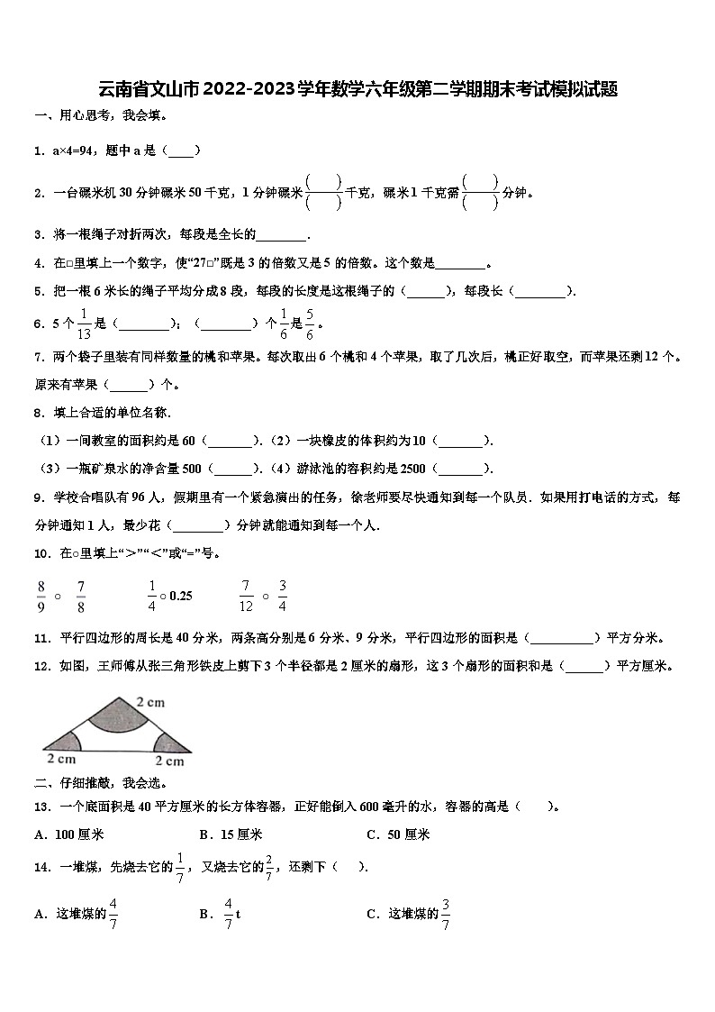 云南省文山市2022-2023学年数学六年级第二学期期末考试模拟试题含解析01