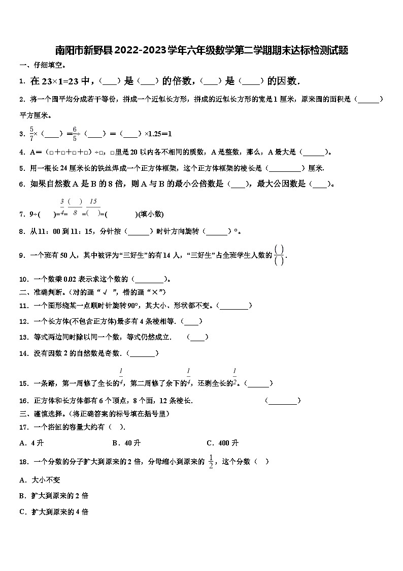南阳市新野县2022-2023学年六年级数学第二学期期末达标检测试题含解析第1页