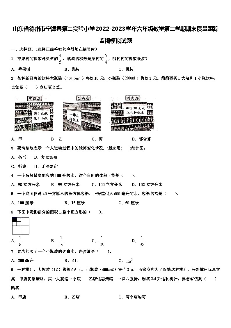 山东省德州市宁津县第二实验小学2022-2023学年六年级数学第二学期期末质量跟踪监视模拟试题含解析01