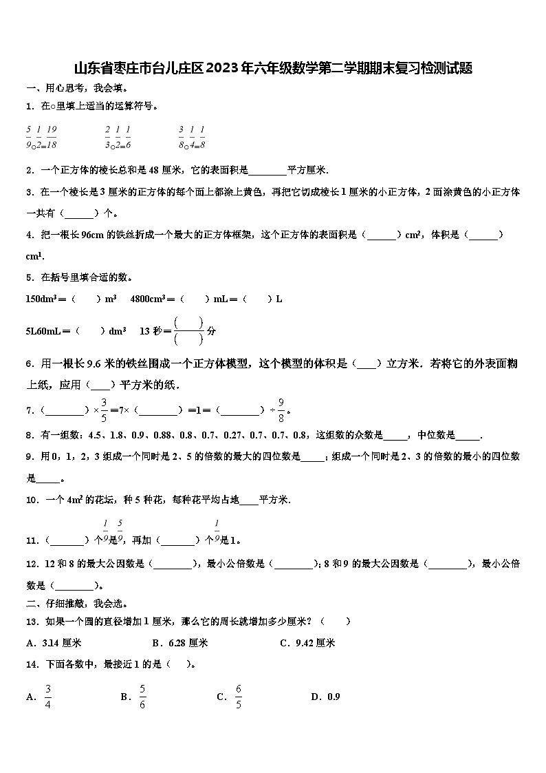 山东省枣庄市台儿庄区2023年六年级数学第二学期期末复习检测试题含解析01