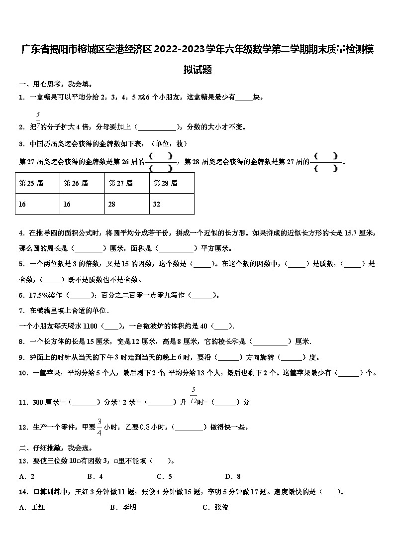 广东省揭阳市榕城区空港经济区2022-2023学年六年级数学第二学期期末质量检测模拟试题含解析第1页
