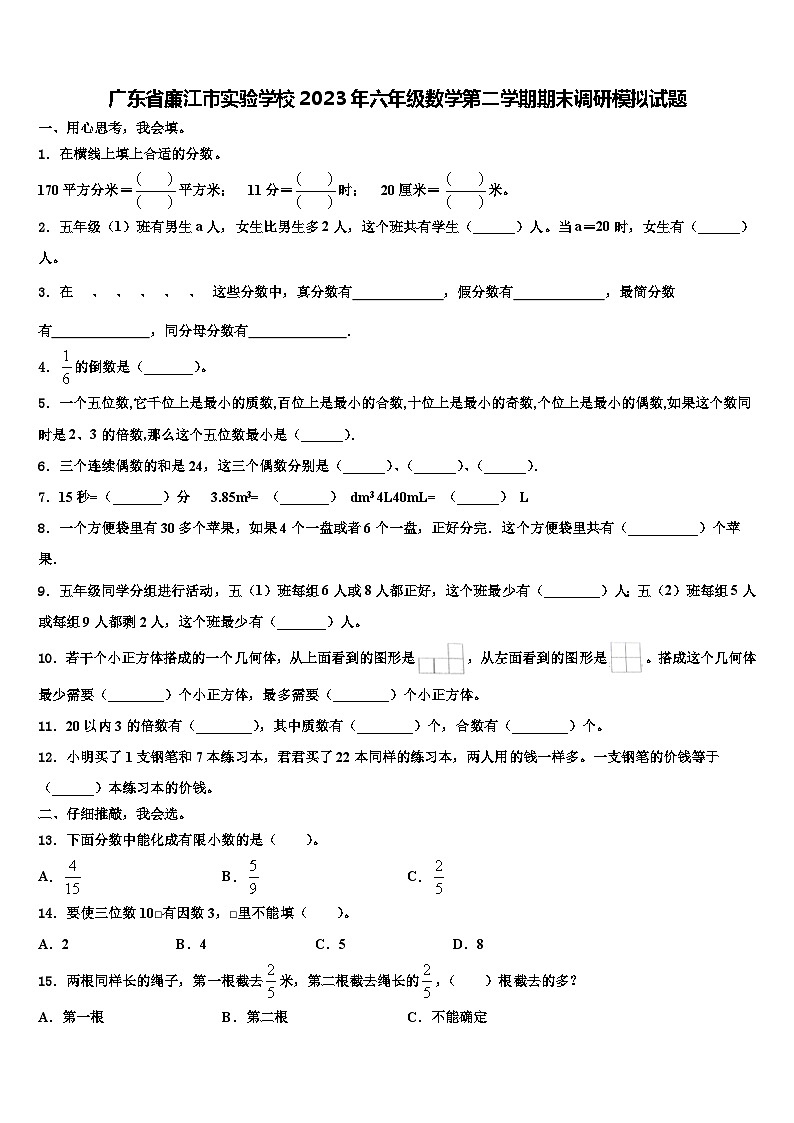 广东省廉江市实验学校2023年六年级数学第二学期期末调研模拟试题含解析第1页