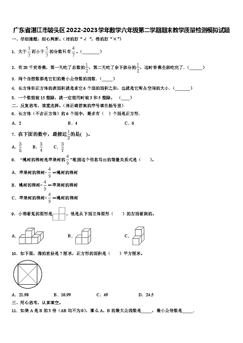 广东省湛江市坡头区2022-2023学年数学六年级第二学期期末教学质量检测模拟试题含解析第1页