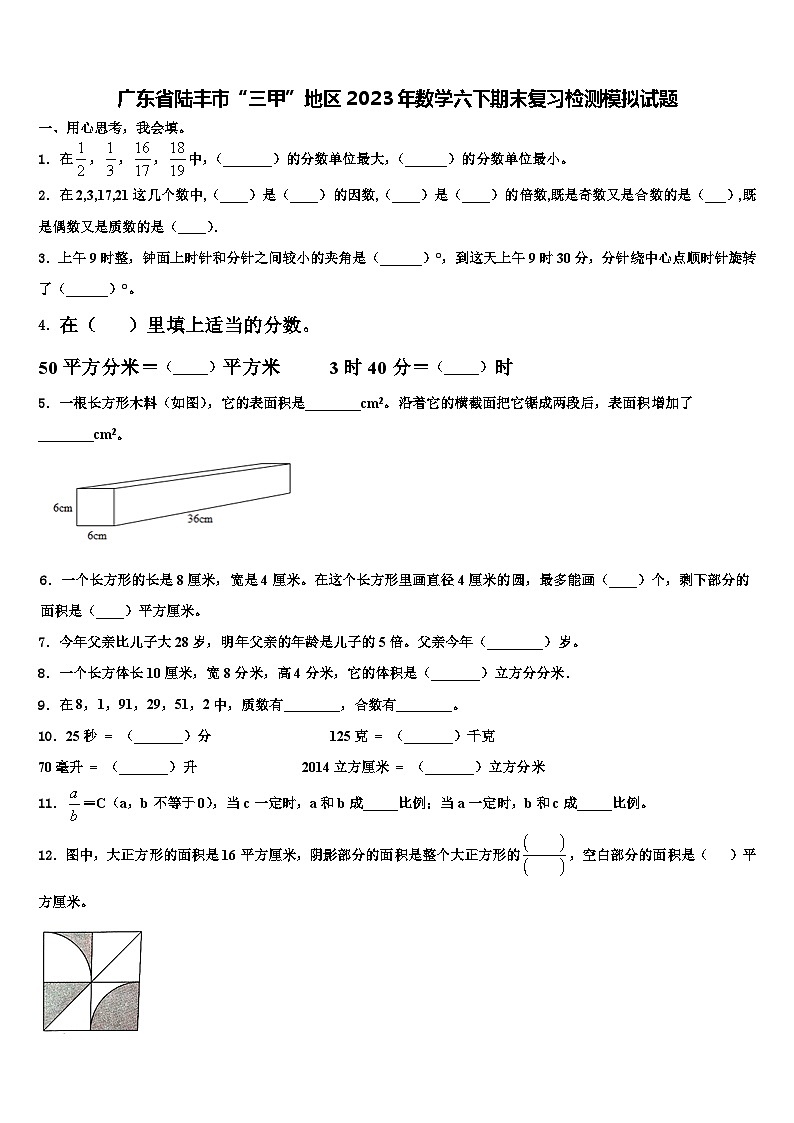广东省陆丰市“三甲”地区2023年数学六下期末复习检测模拟试题含解析第1页