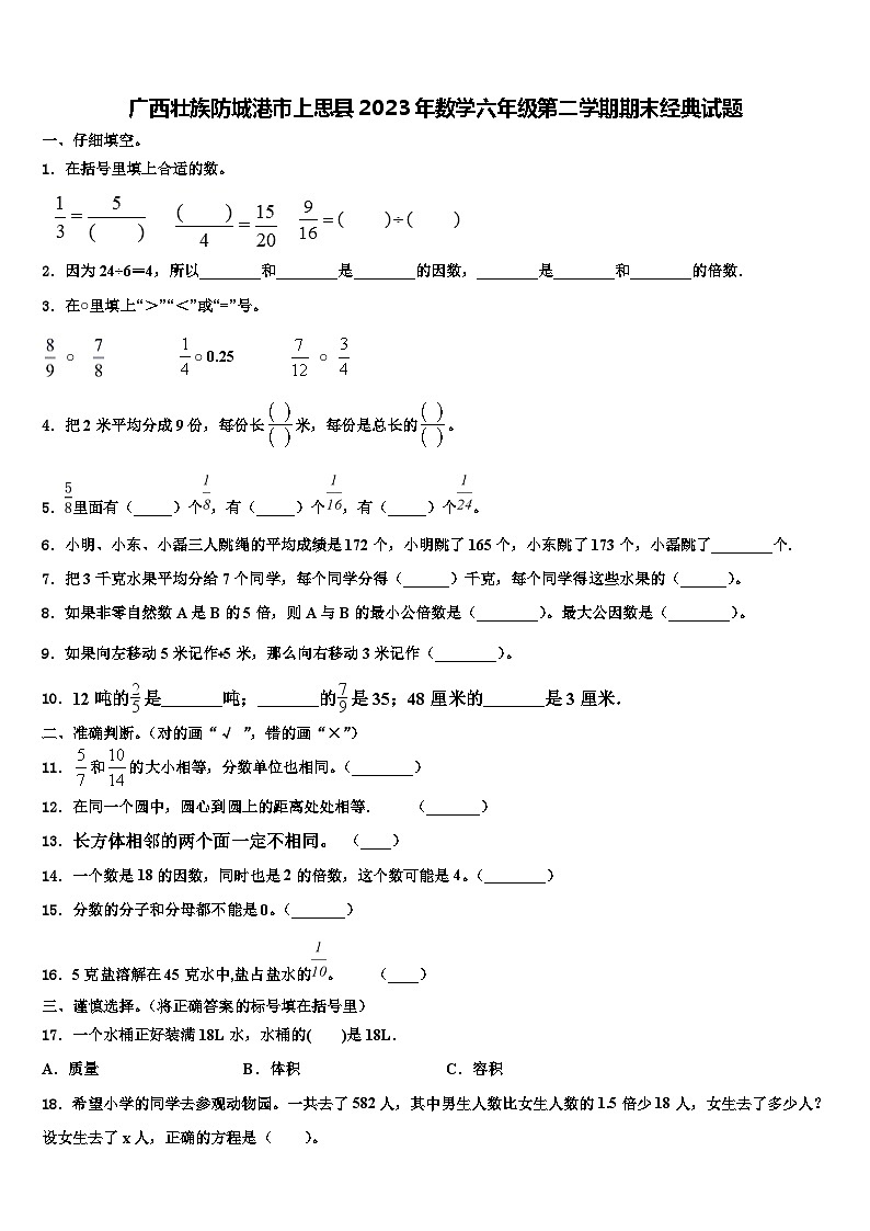 广西壮族防城港市上思县2023年数学六年级第二学期期末经典试题含解析第1页
