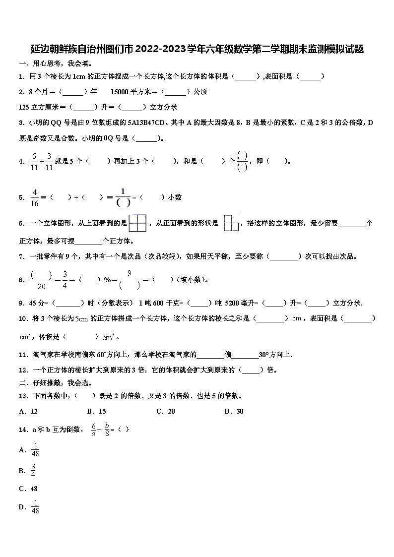 延边朝鲜族自治州图们市2022-2023学年六年级数学第二学期期末监测模拟试题含解析第1页