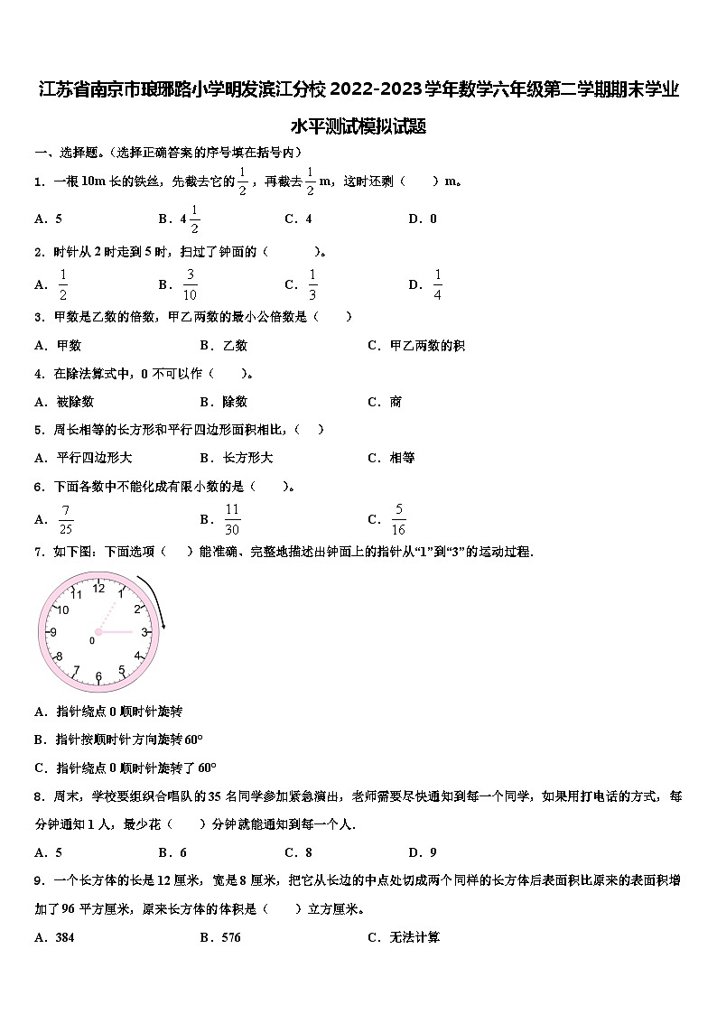 江苏省南京市琅琊路小学明发滨江分校2022-2023学年数学六年级第二学期期末学业水平测试模拟试题含解析01