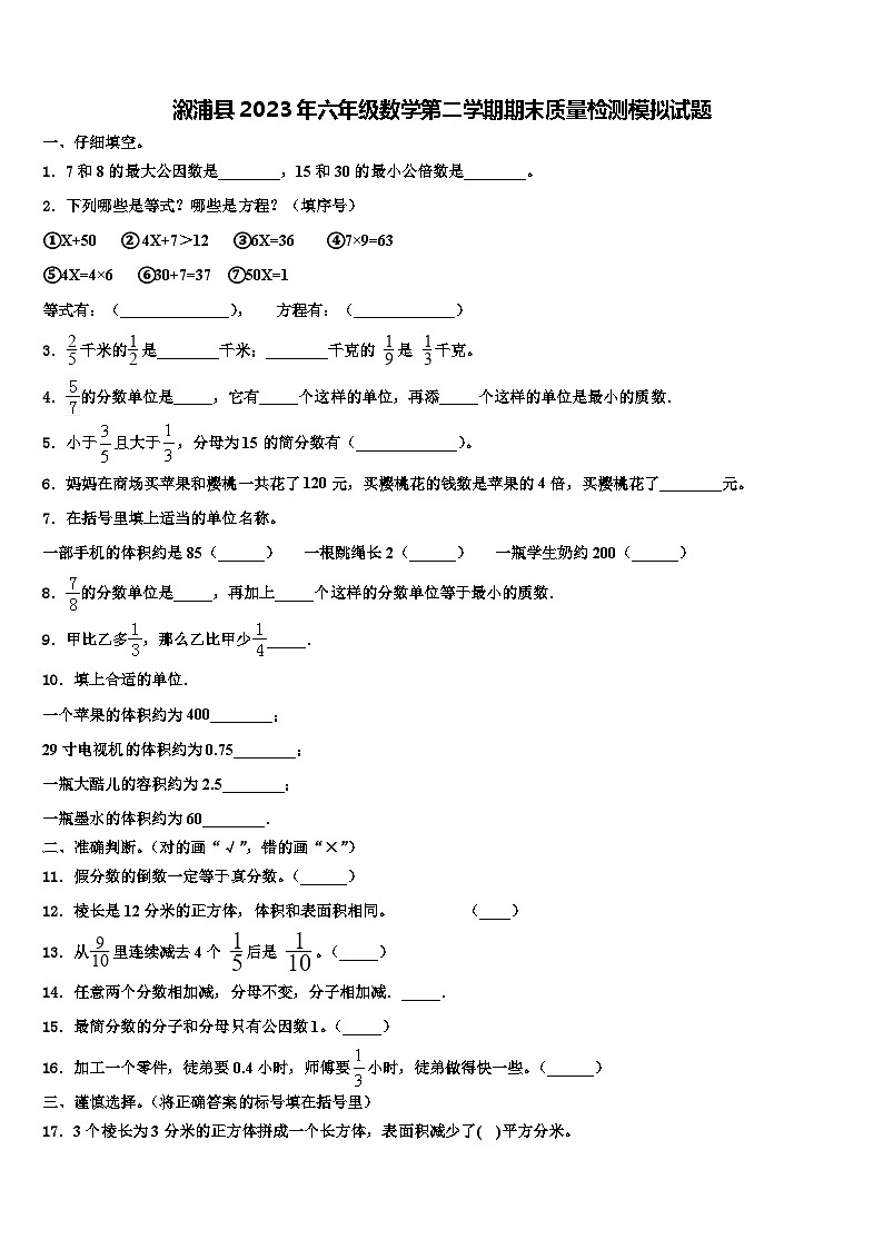 溆浦县2023年六年级数学第二学期期末质量检测模拟试题含解析第1页
