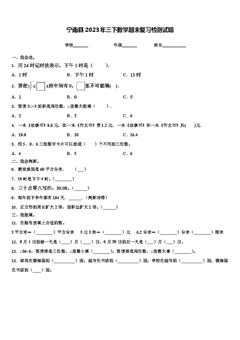 宁南县2023年三下数学期末复习检测试题含解析第1页