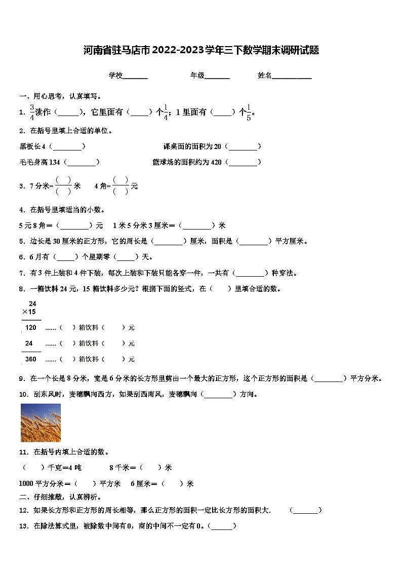 河南省驻马店市2022-2023学年三下数学期末调研试题含解析第1页