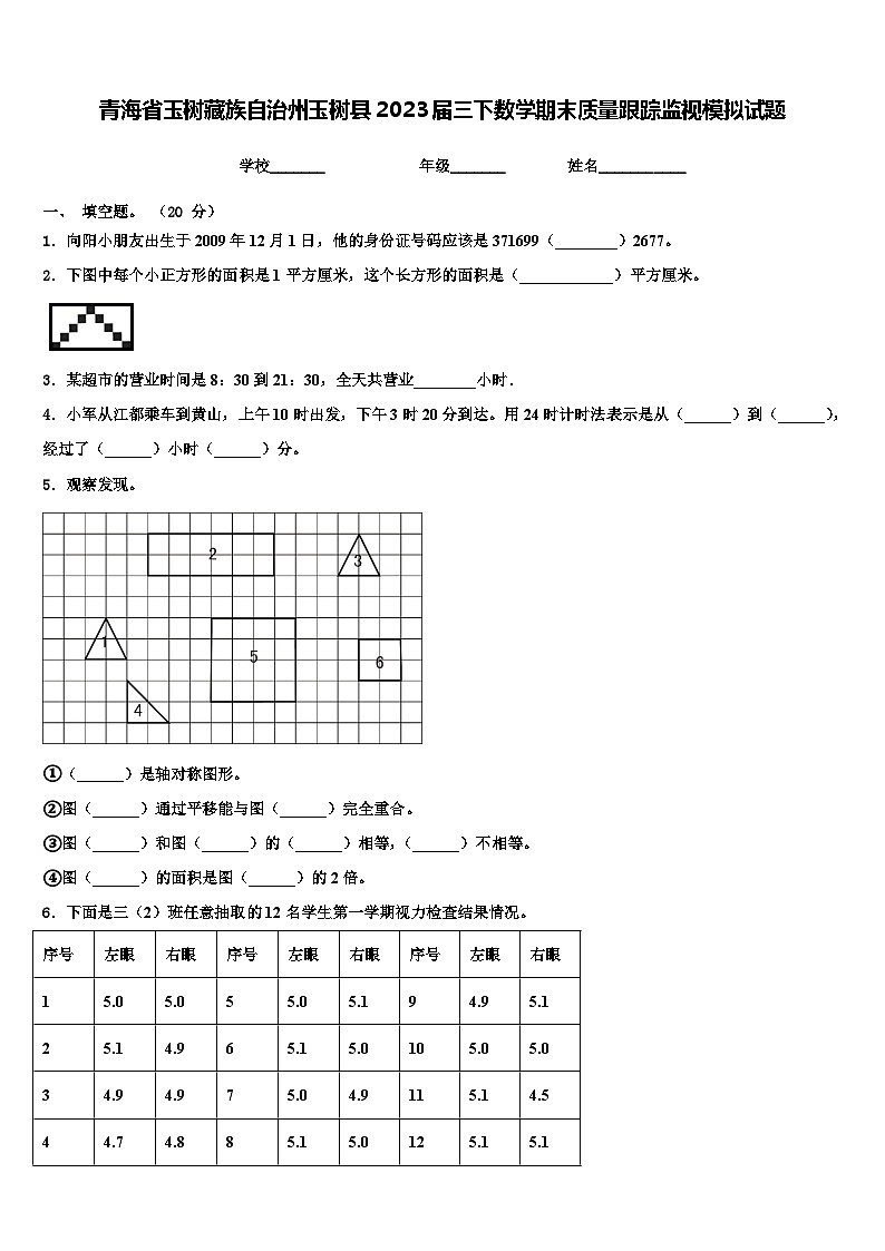 青海省玉树藏族自治州玉树县2023届三下数学期末质量跟踪监视模拟试题含解析第1页