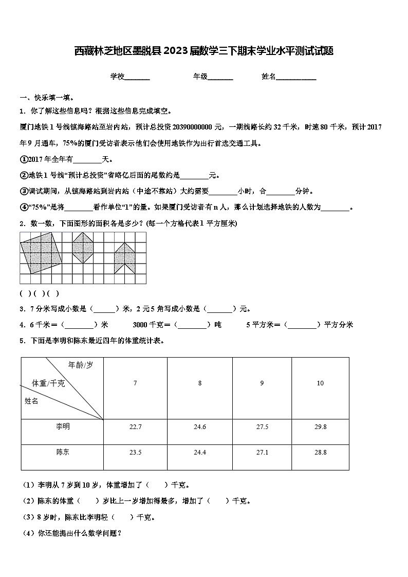 西藏林芝地区墨脱县2023届数学三下期末学业水平测试试题含解析01