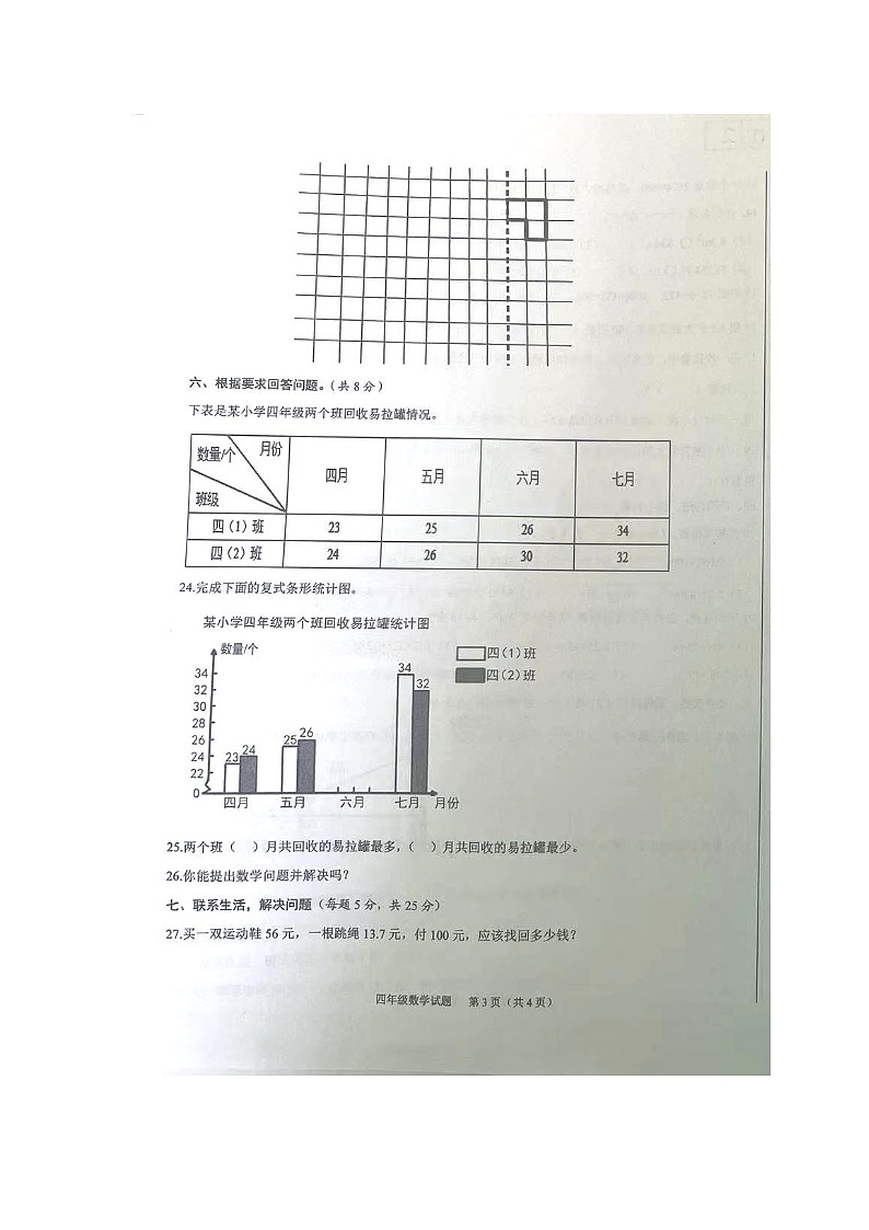 甘肃省庆阳市宁县联合小学2022-2023学年四年级下学期期末考试数学试题第3页