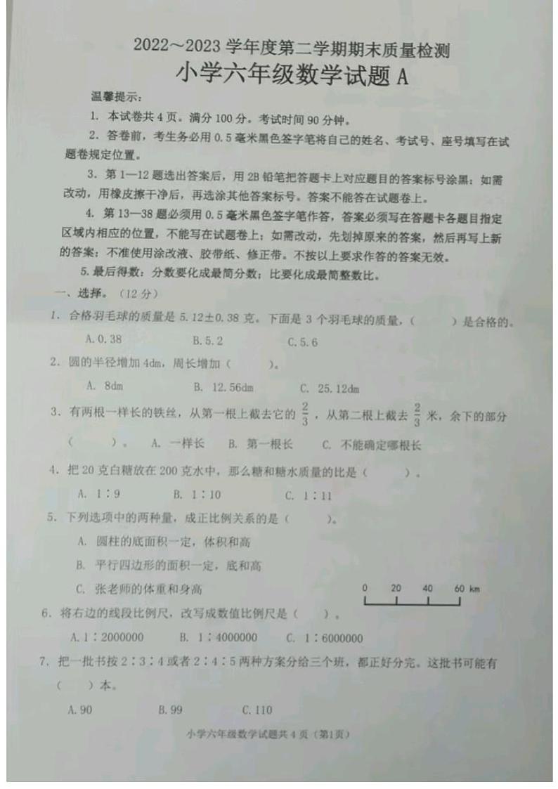 山东省青岛市2022-2023学年六年级下学期期末质量检测数学试卷第1页