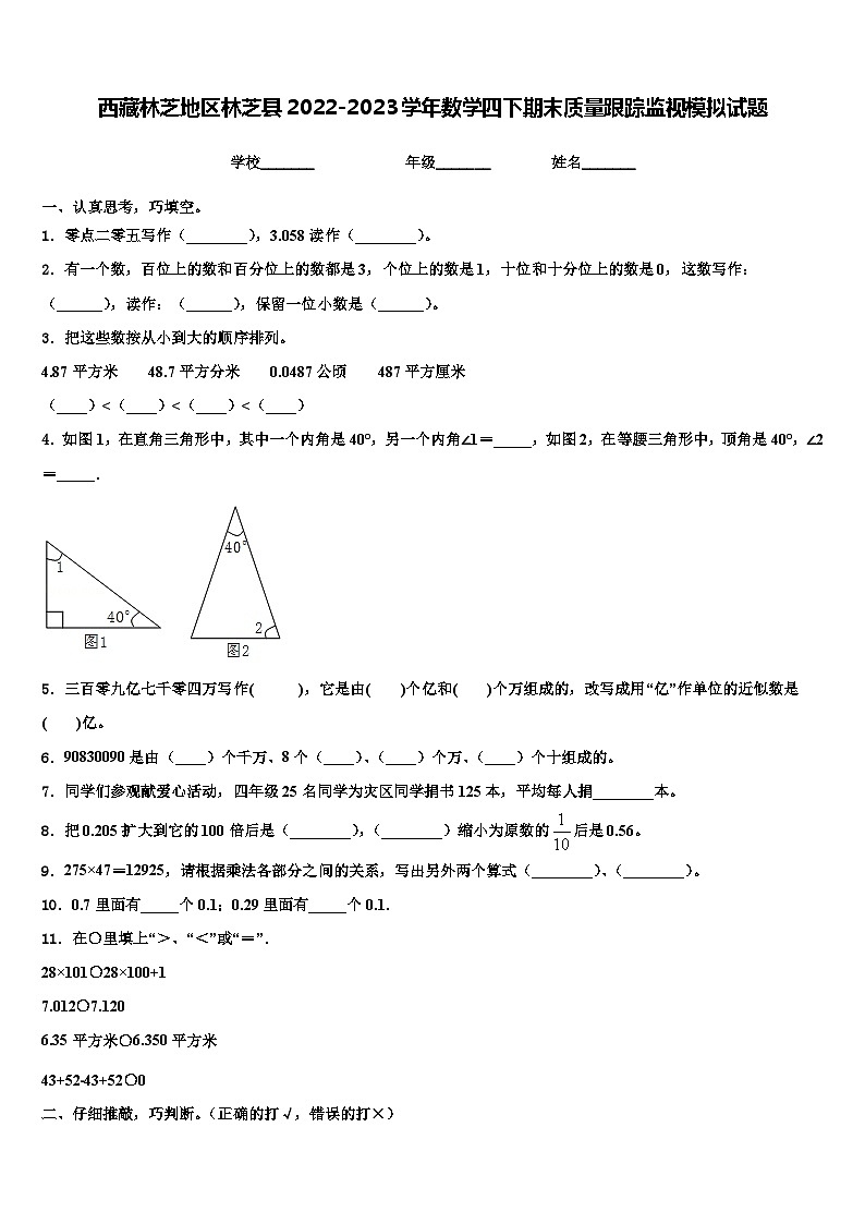 西藏林芝地区林芝县2022-2023学年数学四下期末质量跟踪监视模拟试题含解析01