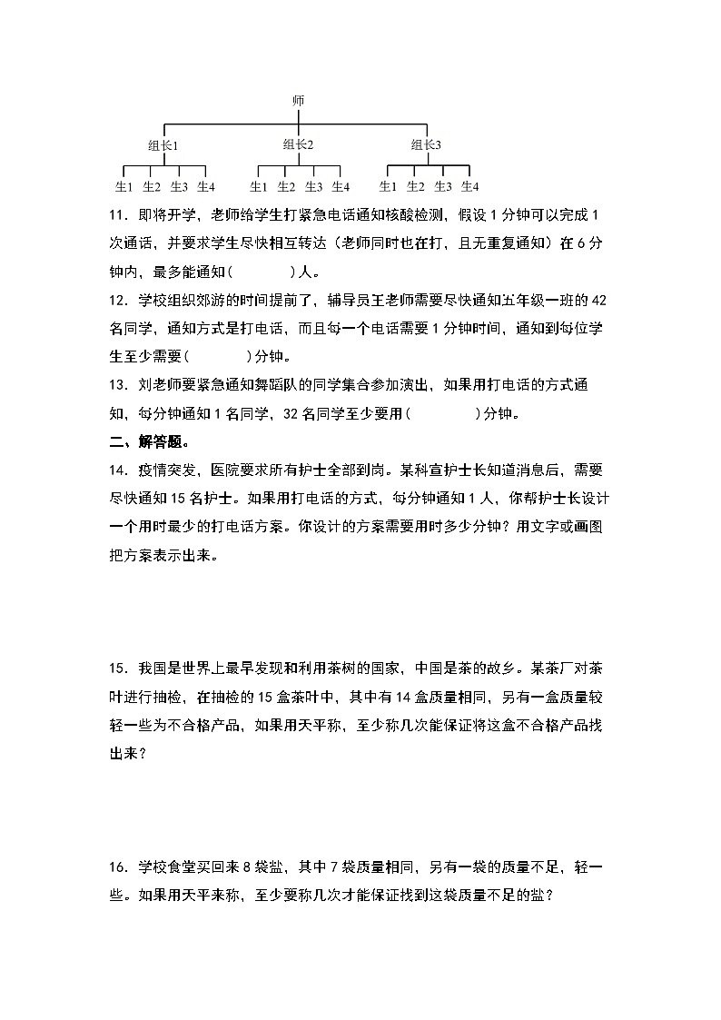 期末典例專項(xiàng)練習(xí)十三：打電話和找次品問(wèn)題-2022-2023學(xué)年五年級(jí)數(shù)學(xué)下冊(cè)典型例題系列（原卷版）人教版第2頁(yè)