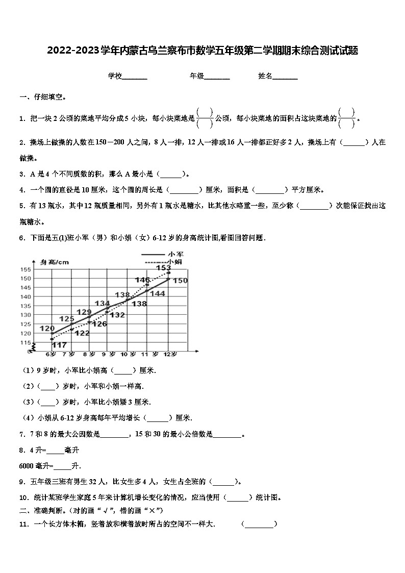 2022-2023学年内蒙古乌兰察布市数学五年级第二学期期末综合测试试题含解析第1页