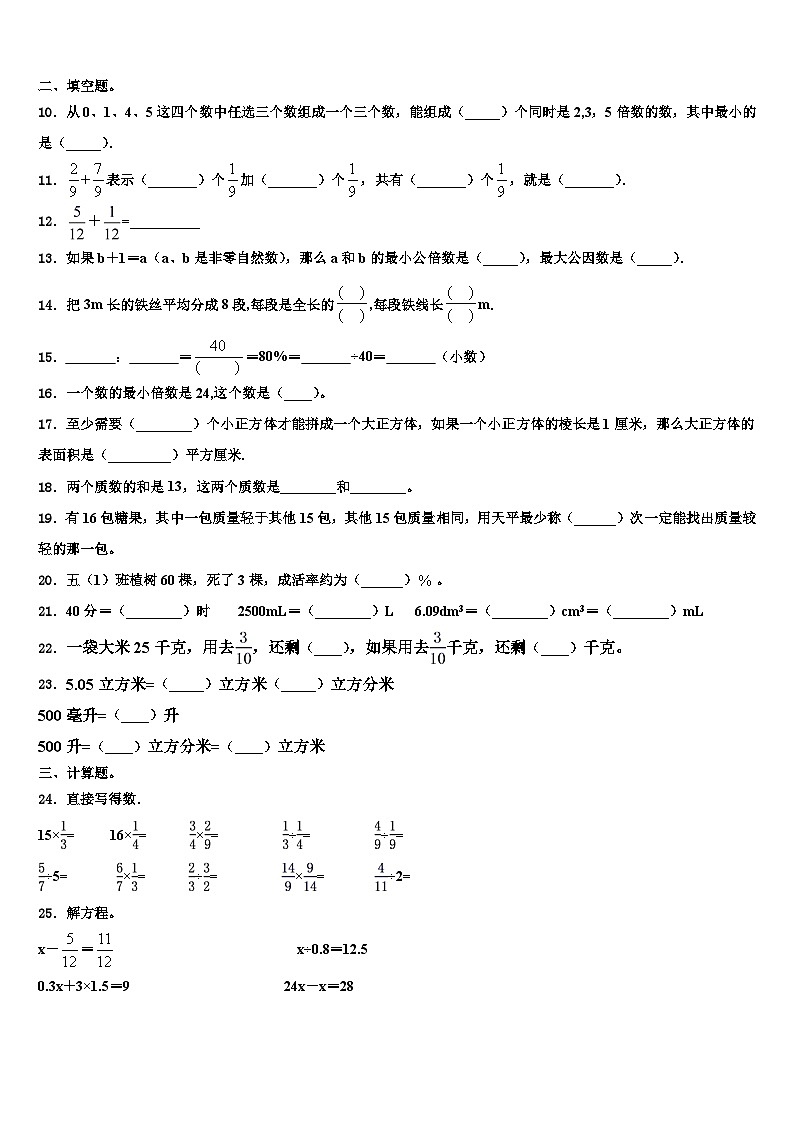 2022-2023学年四川省阿坝藏族羌族自治州九寨沟县数学五下期末质量跟踪监视试题含解析02