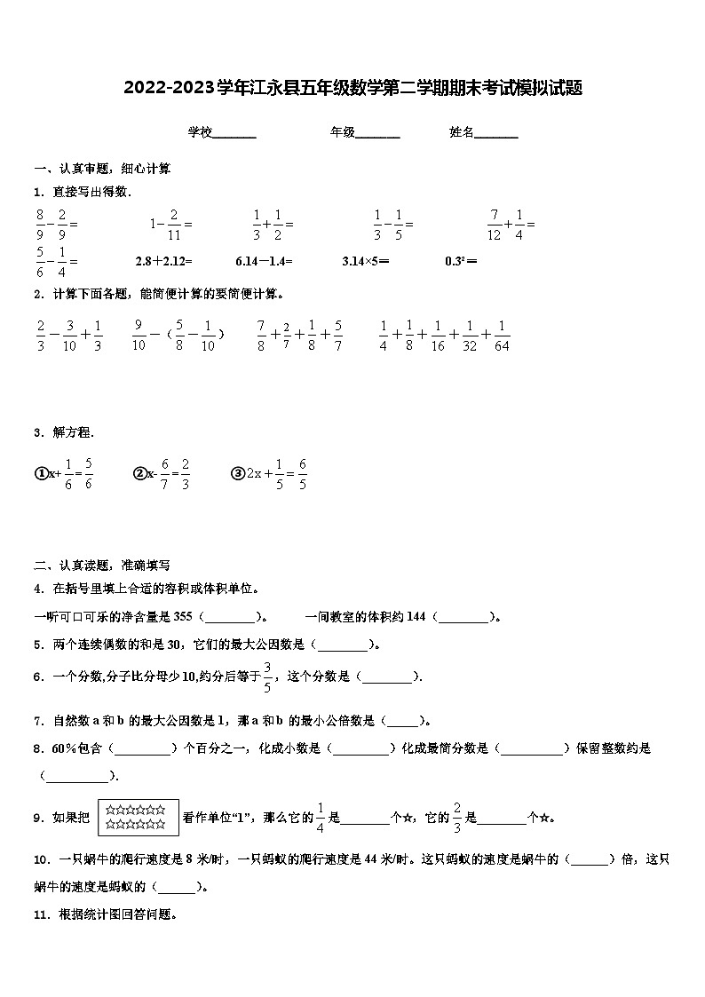 2022-2023学年江永县五年级数学第二学期期末考试模拟试题含解析第1页