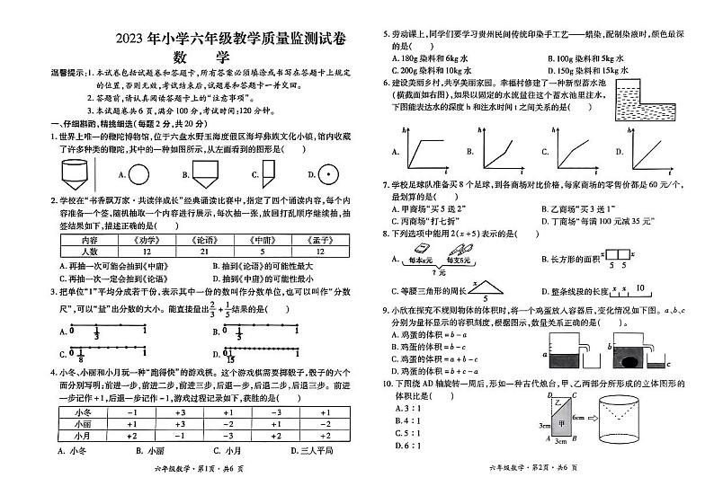 贵州省六盘水地区2022-2023学年六年级下学期教学质量监测数学试卷第1页