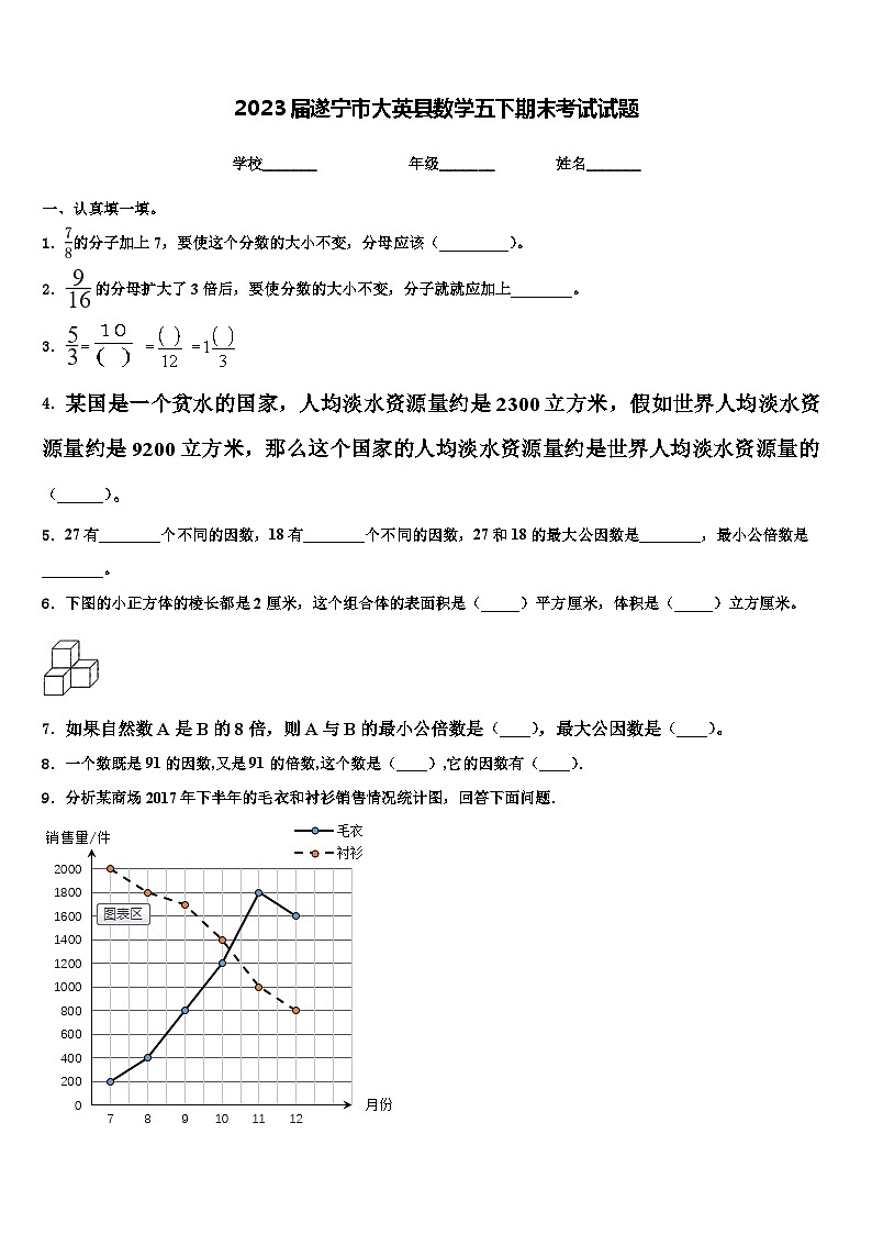 2023届遂宁市大英县数学五下期末考试试题含解析第1页