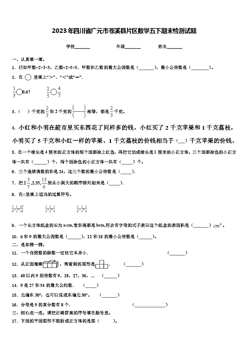 2023年四川省广元市苍溪县片区数学五下期末检测试题含解析01