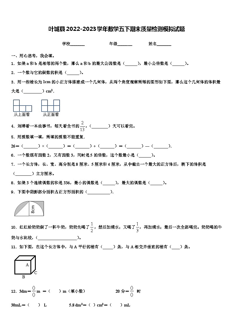 叶城县2022-2023学年数学五下期末质量检测模拟试题含解析第1页