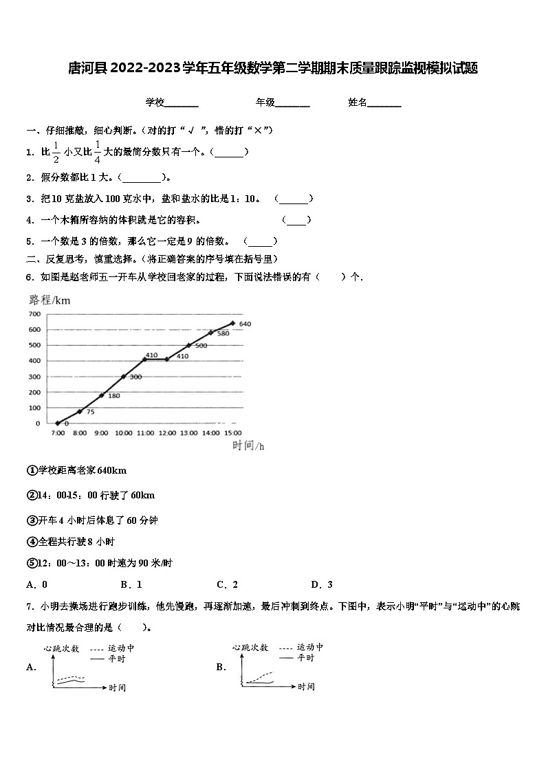 唐河县2022-2023学年五年级数学第二学期期末质量跟踪监视模拟试题含解析第1页