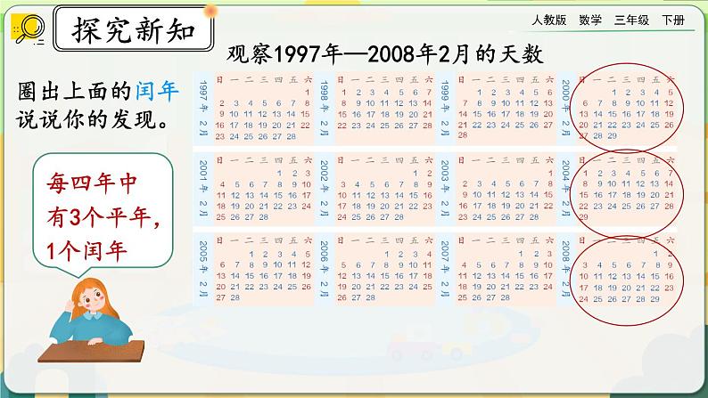 【2023最新插图】人教版数学三年级下册 6.2《平年、闰年》课件(送教案+练习)05