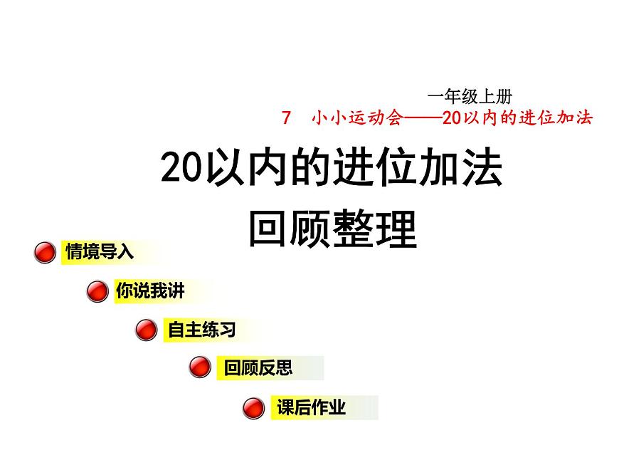 青島版小學(xué)數(shù)學(xué)一年級(jí)上學(xué)期第7單元20以內(nèi)的進(jìn)位加法回顧整理課件第1頁(yè)