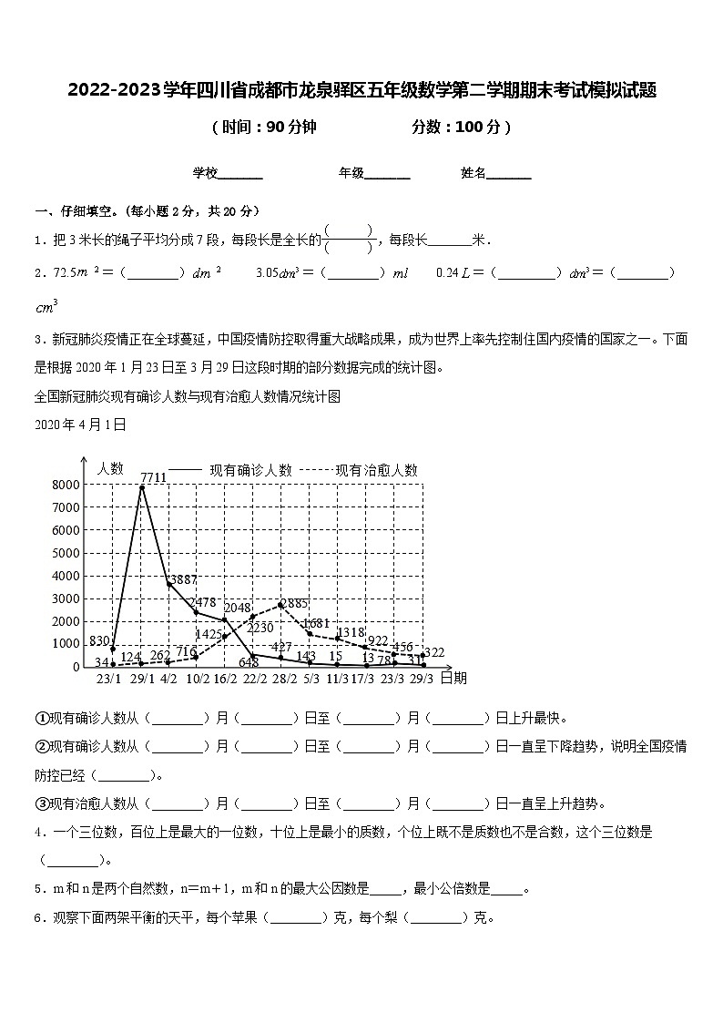 2022-2023学年四川省成都市龙泉驿区五年级数学第二学期期末考试模拟试题含答案第1页