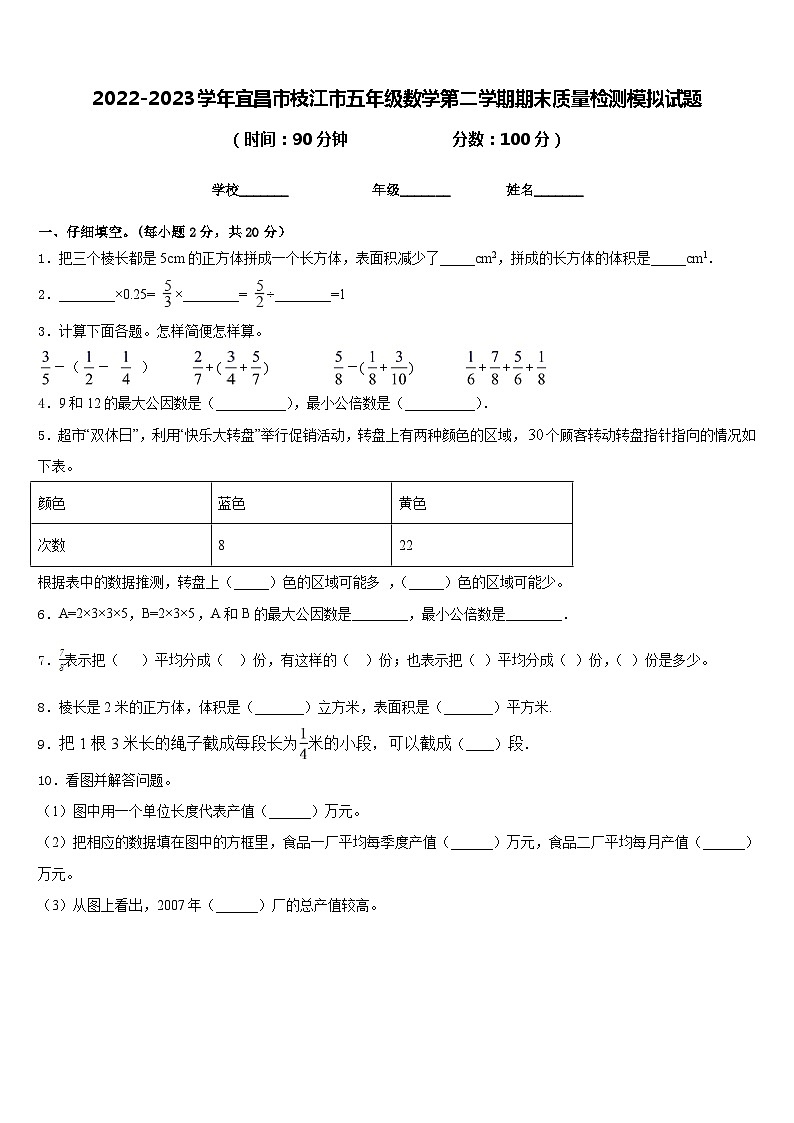 2022-2023学年宜昌市枝江市五年级数学第二学期期末质量检测模拟试题含答案第1页