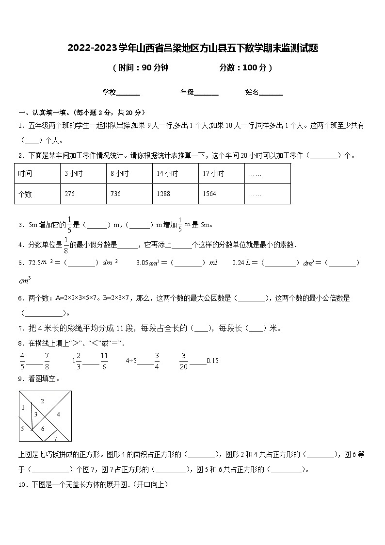 2022-2023学年山西省吕梁地区方山县五下数学期末监测试题含答案第1页